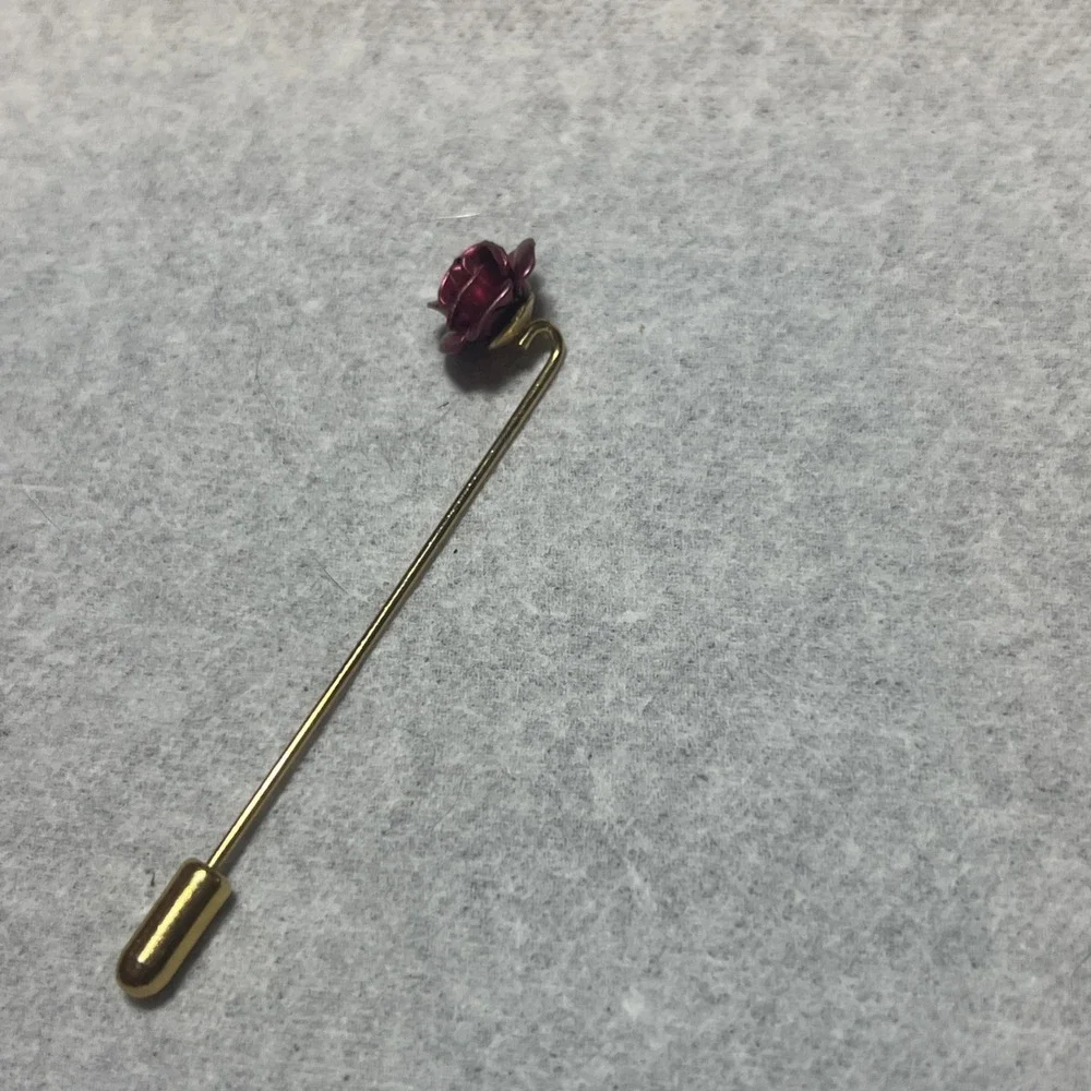 Vintage Stick Pin Red Rose Flower Gold Tone Lapel Hat Brooch Estate Jewelry 2.5